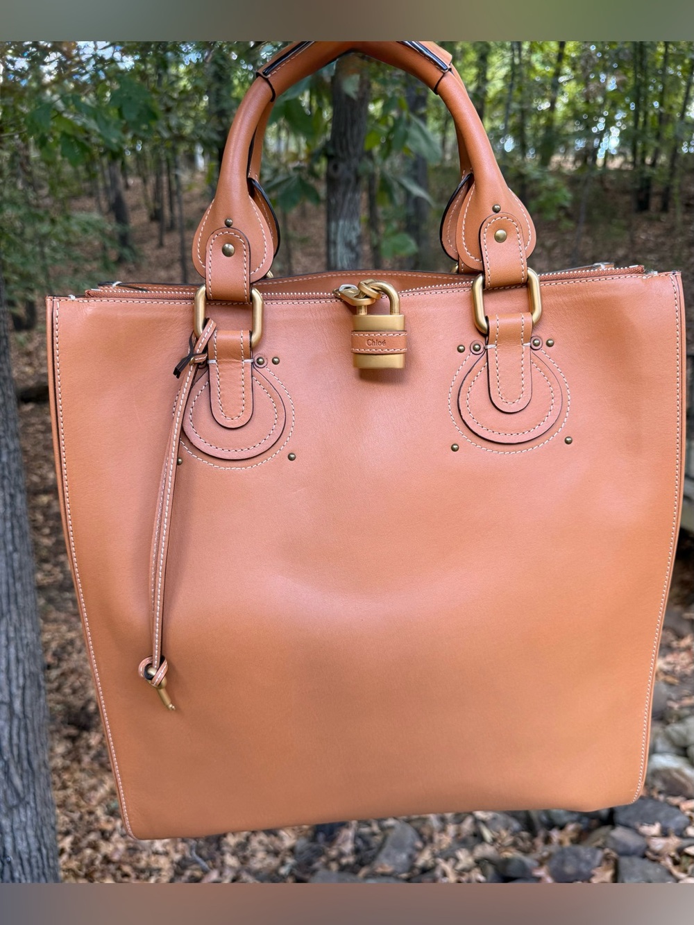 Chloe Tan Leather Padlock Tote with Gold Hardware